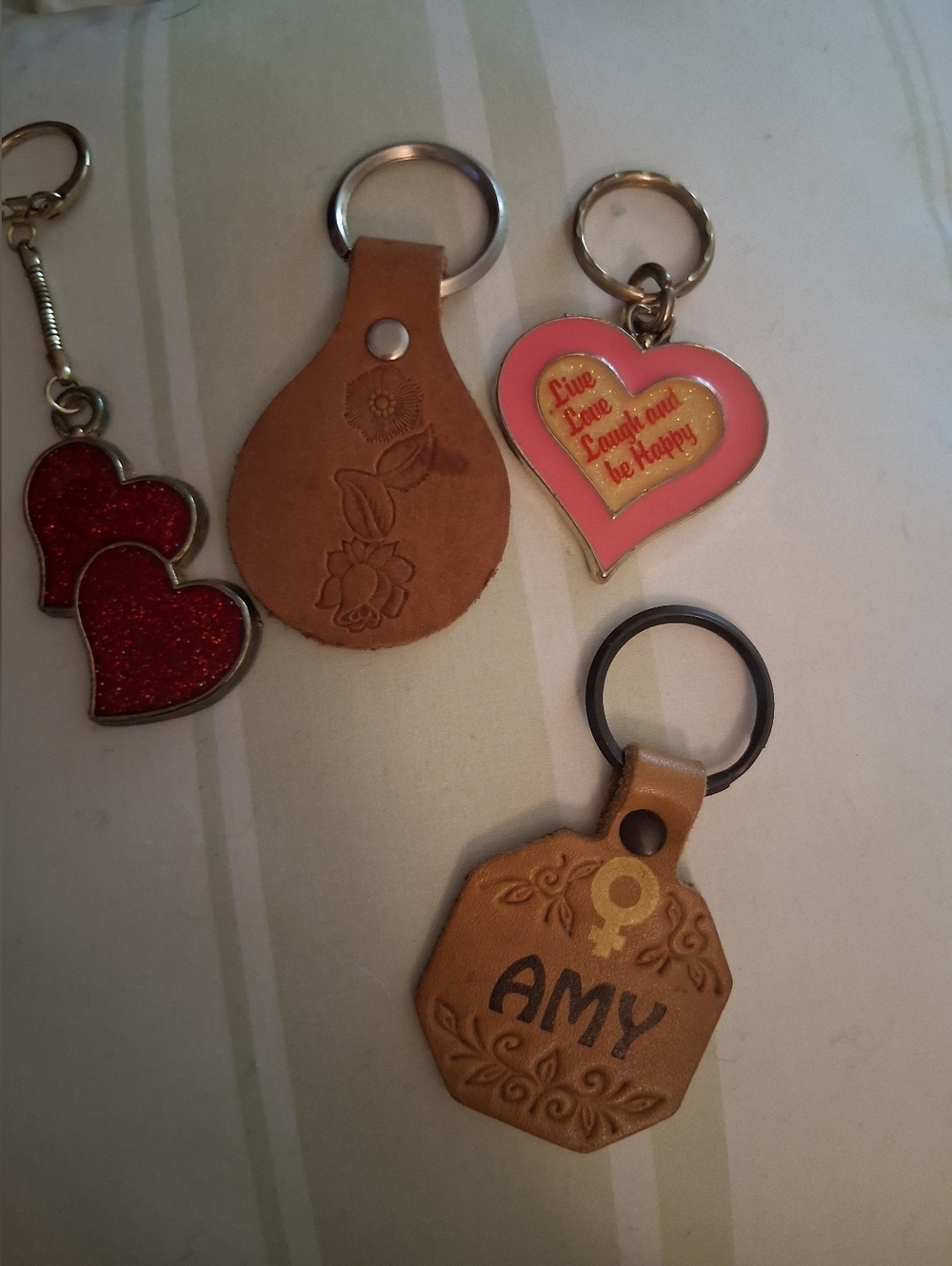 Vintage Lot Of 4 Keychains Leather And Metal Hearts. Embossed Leather Amy Floral